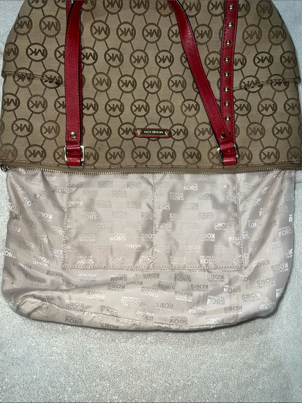 Michael Kors Beige Logo Tote with Red Trim - Picture 8 of 11